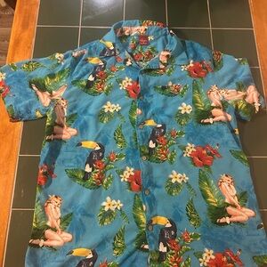 Vintage Junction West Hawaiian Rayon Shirt XL Blue Floral Button-Up Short Sleeve